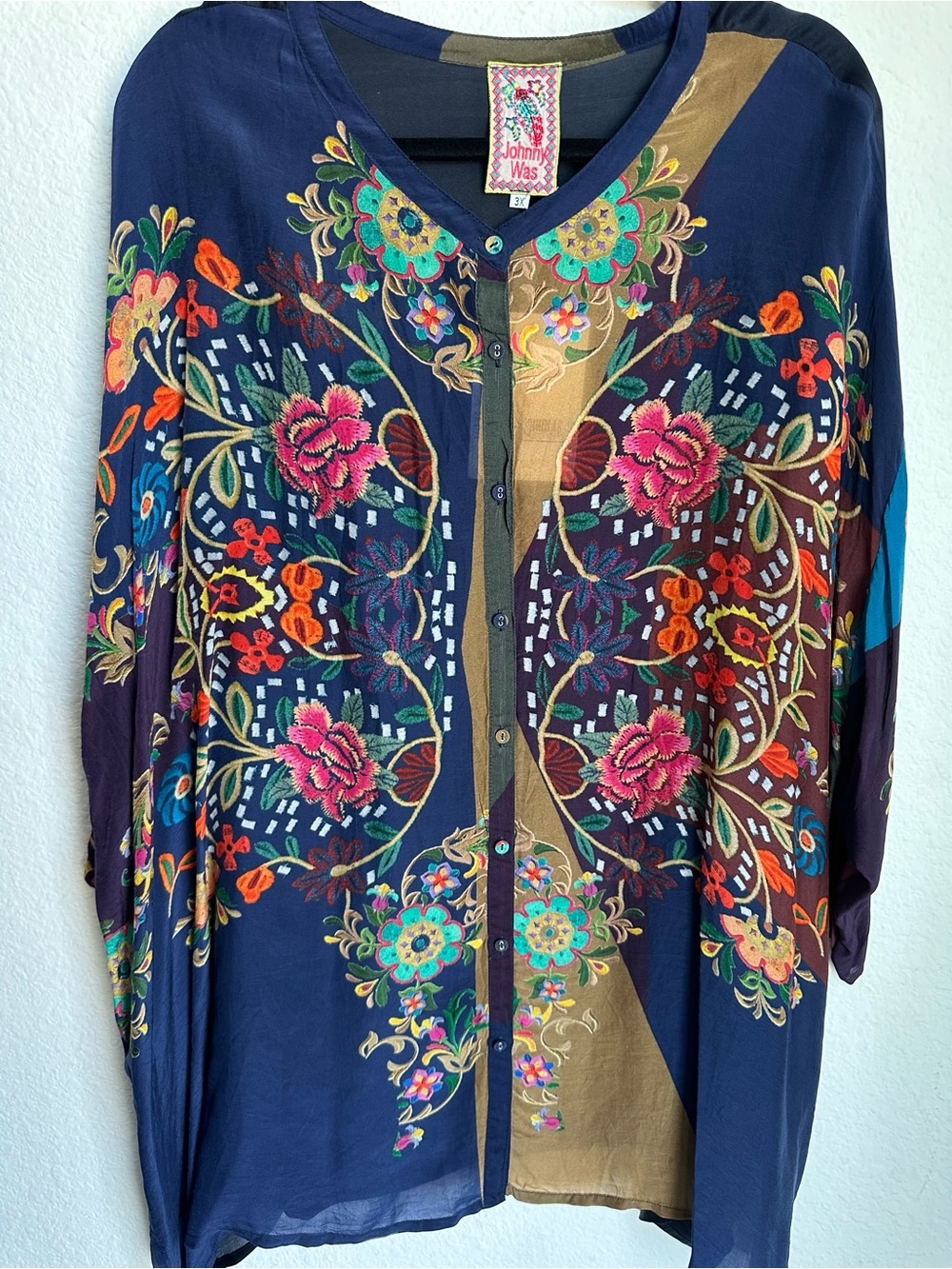 Johnny Was embroidered silk blend Mardi blouse‎ NWT RARE size 3X Boho - Picture 5 of 15